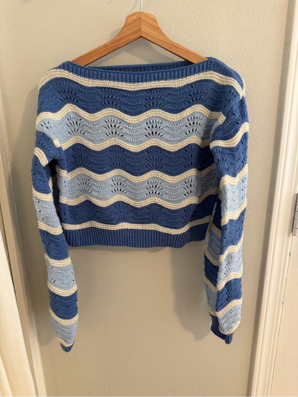 Cider Blue & Cream Striped Off-Shoulder Open-Knit Sweater